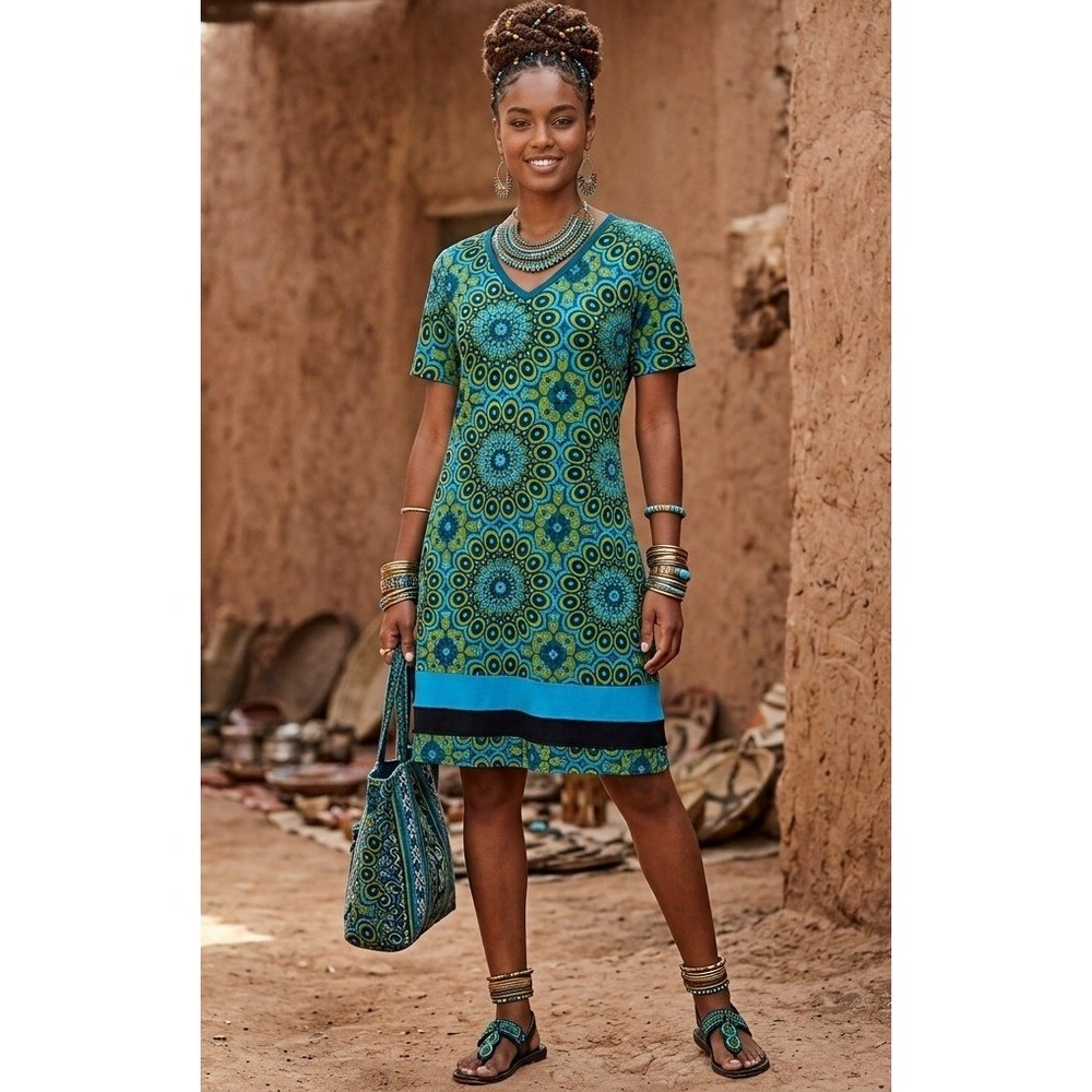 Lunieva T-Shirt‎ Dress Women XL Blue Green Mandala Cotton Handmade Nepal Boho